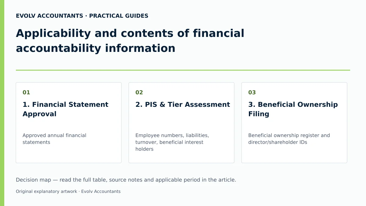 Applicability and contents of financial accountability information: 1. Financial Statement Approval; 2. PIS & Tier Assessment; 3. Beneficial Ownership Filing.