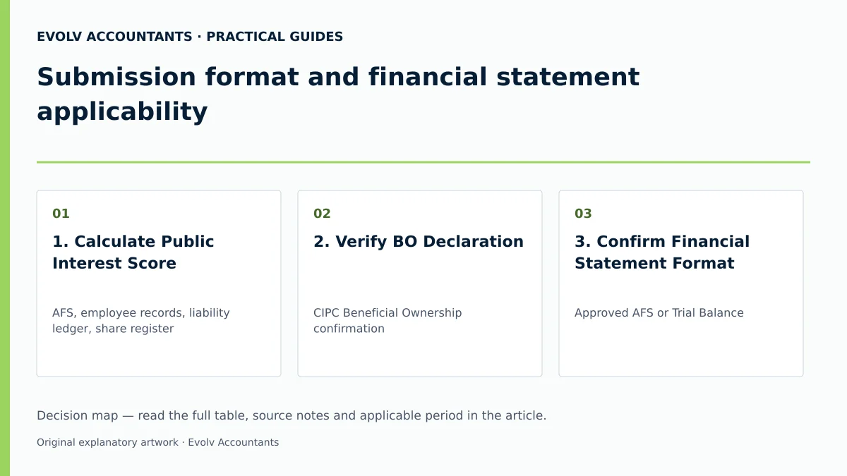 Submission format and financial statement applicability: 1. Calculate Public Interest Score; 2. Verify BO Declaration; 3. Confirm Financial Statement Format.