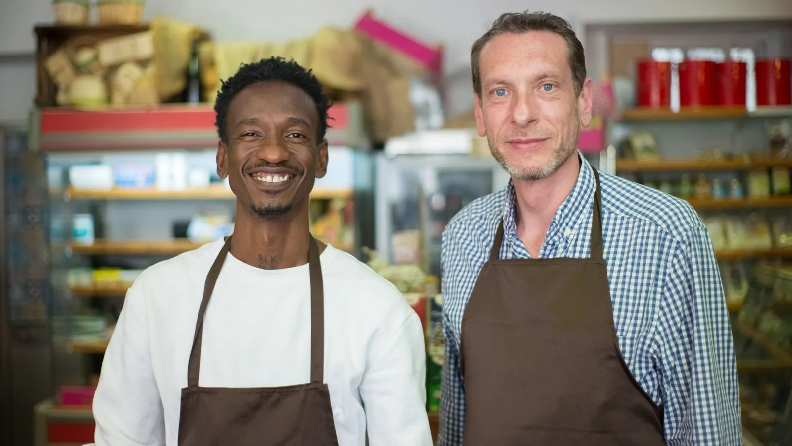 Two shop owners standing behind their grocery counter