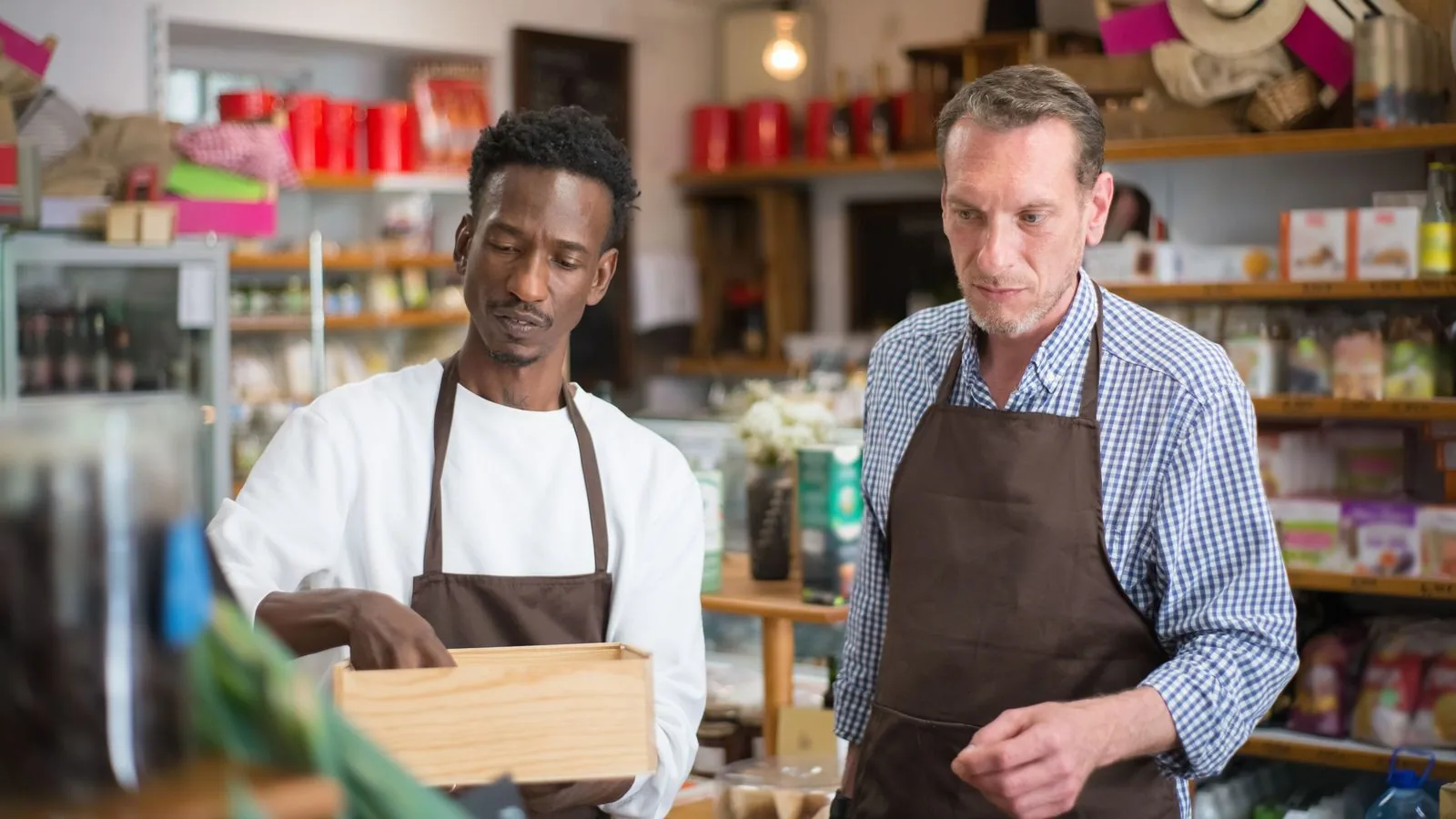 Two shopkeepers checking products together