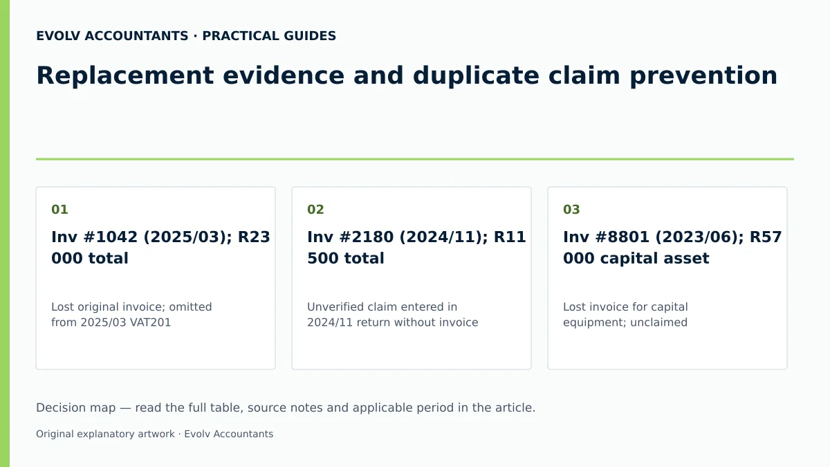 Replacement evidence and duplicate claim prevention: Inv #1042 (2025/03); R23 000 total; Inv #2180 (2024/11); R11 500 total; Inv #8801 (2023/06); R57 000 capital asset.