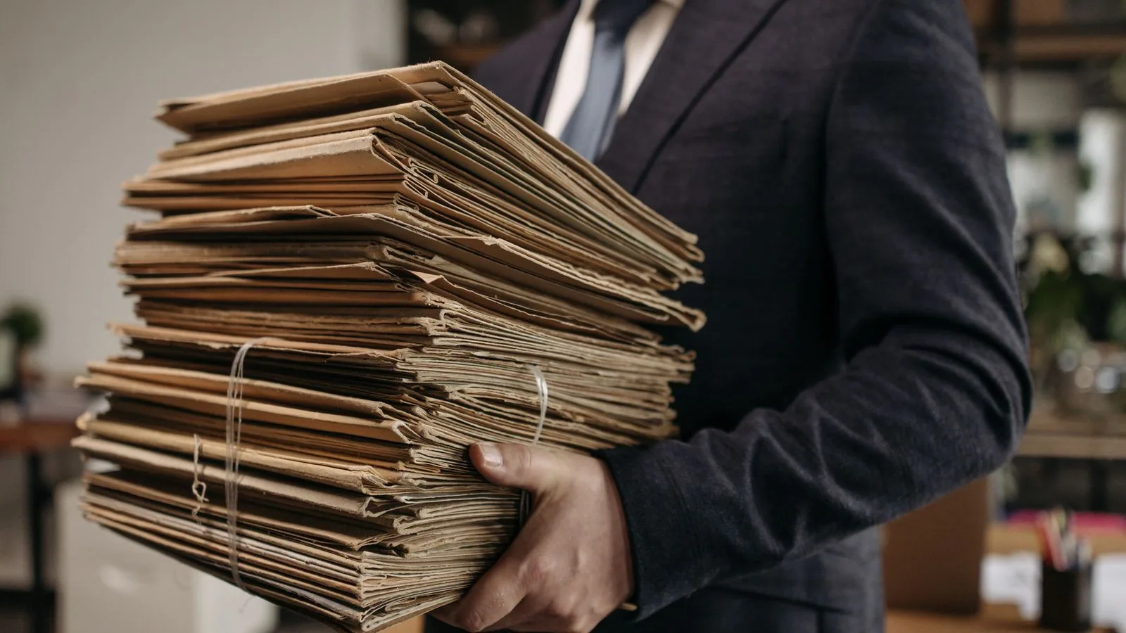 A businessperson carrying a stack of document folders
