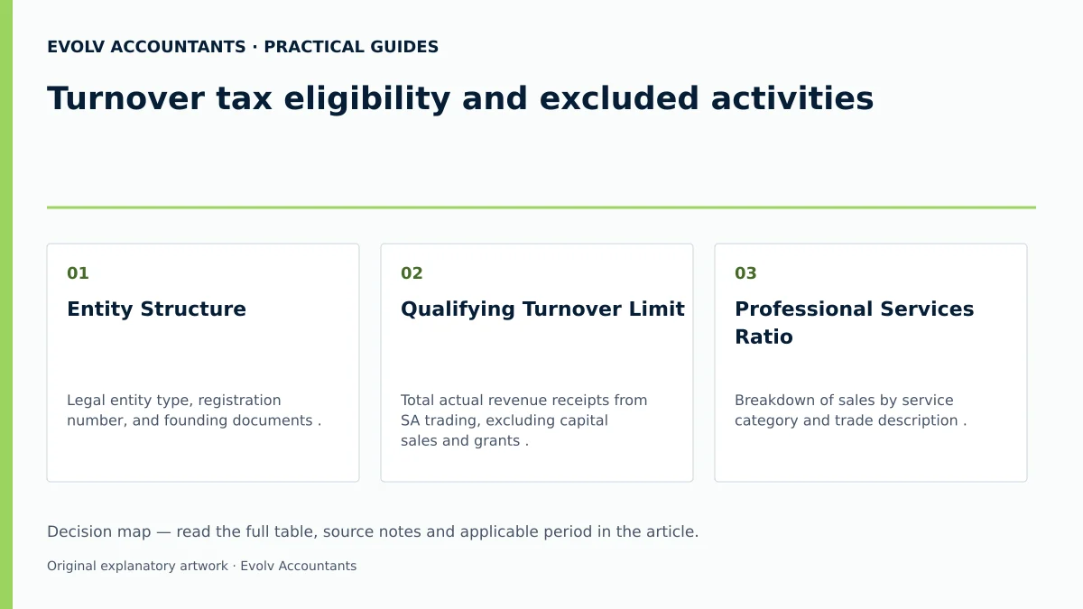 Turnover tax eligibility and excluded activities: Entity Structure; Qualifying Turnover Limit; Professional Services Ratio.