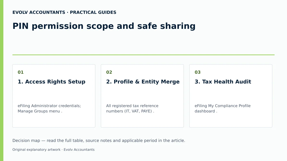 PIN permission scope and safe sharing: 1. Access Rights Setup; 2. Profile & Entity Merge; 3. Tax Health Audit.