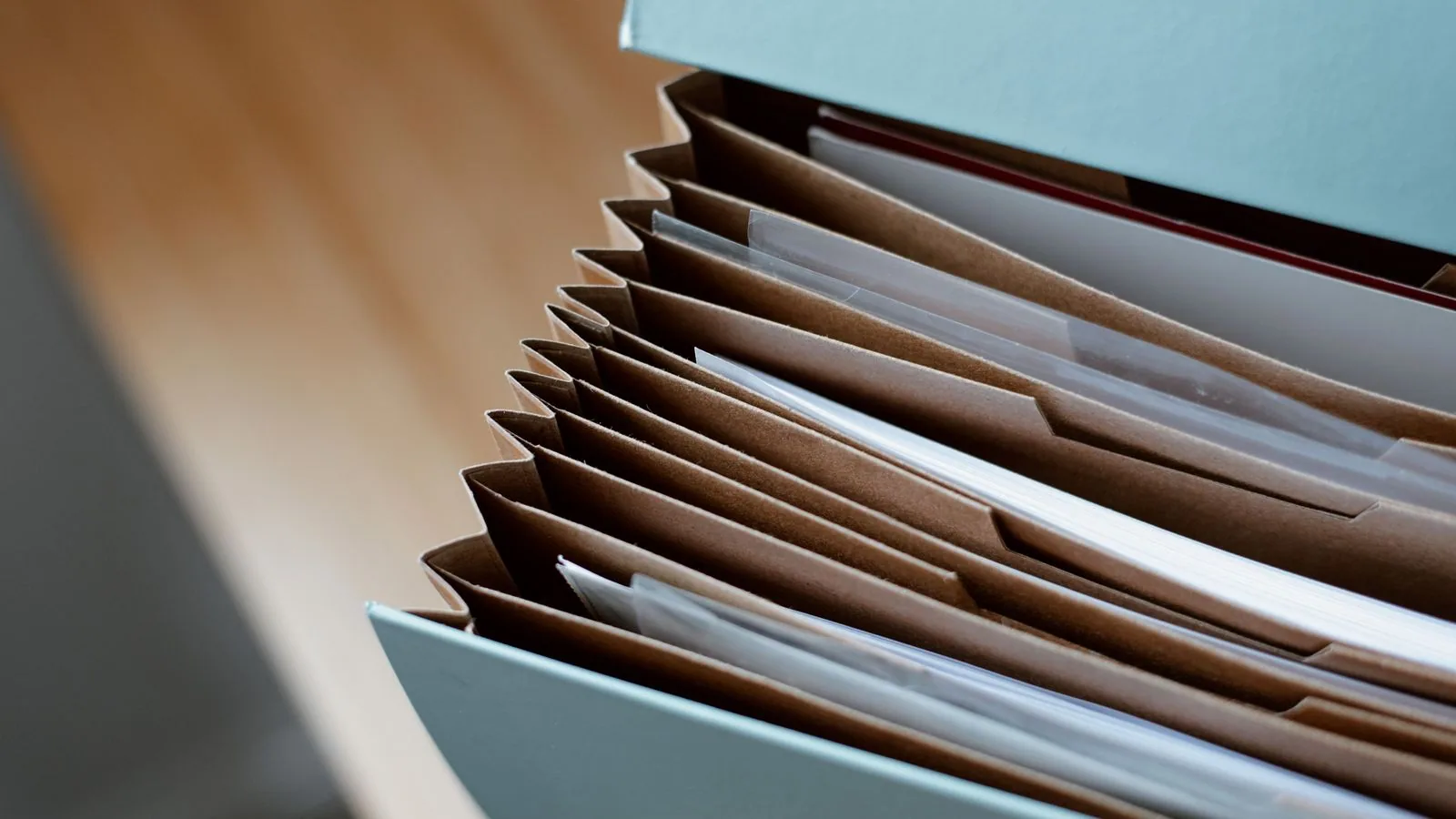Paper records organised in an expanding document file