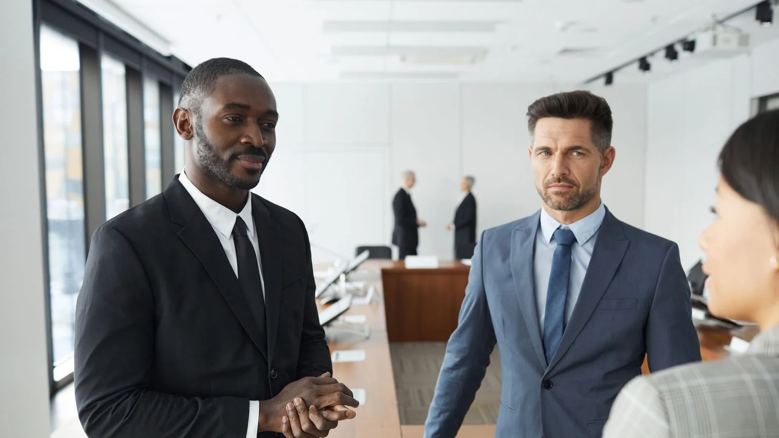 Three businesspeople discussing work in an office