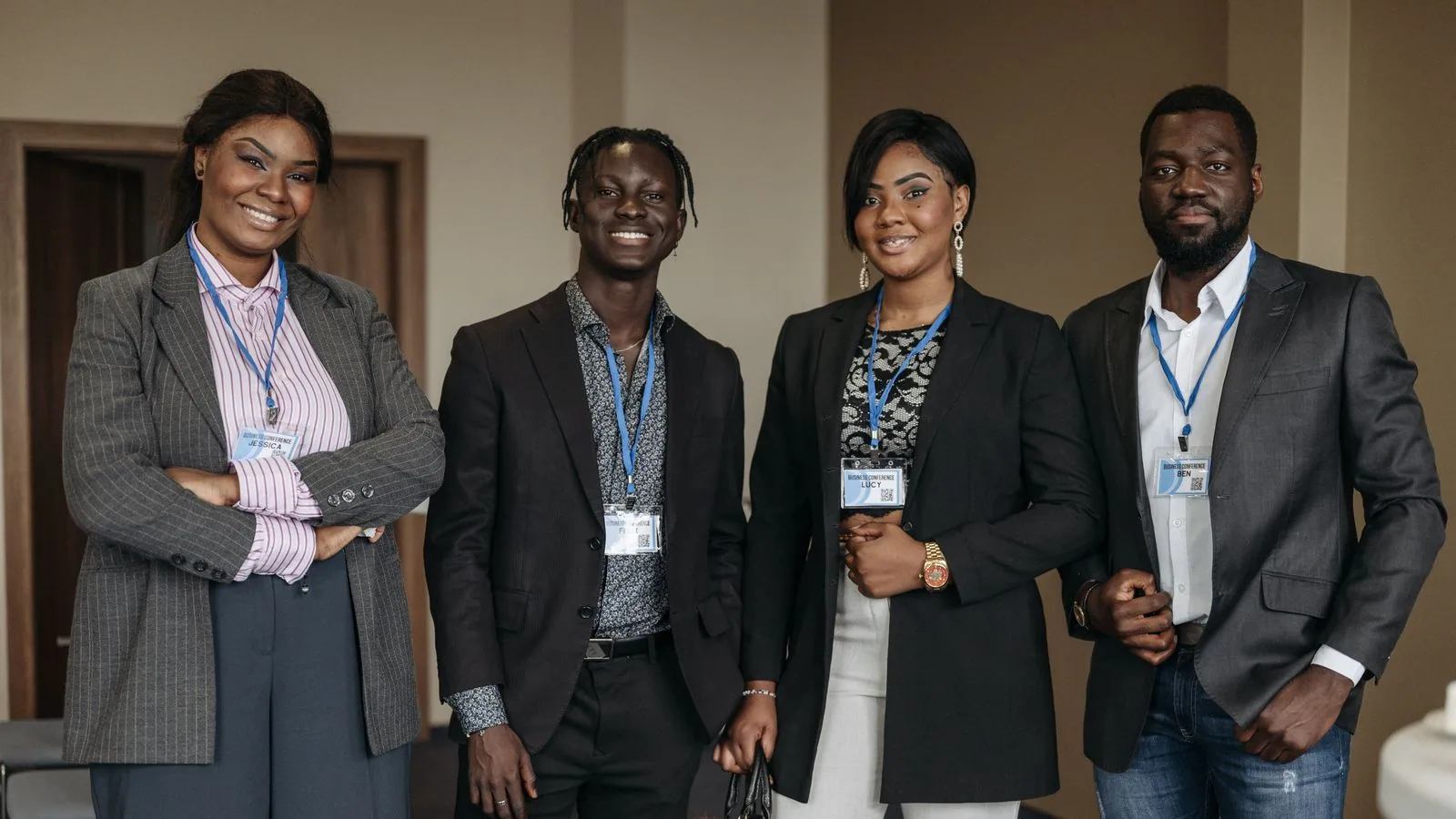 A group of professionals standing together in an office