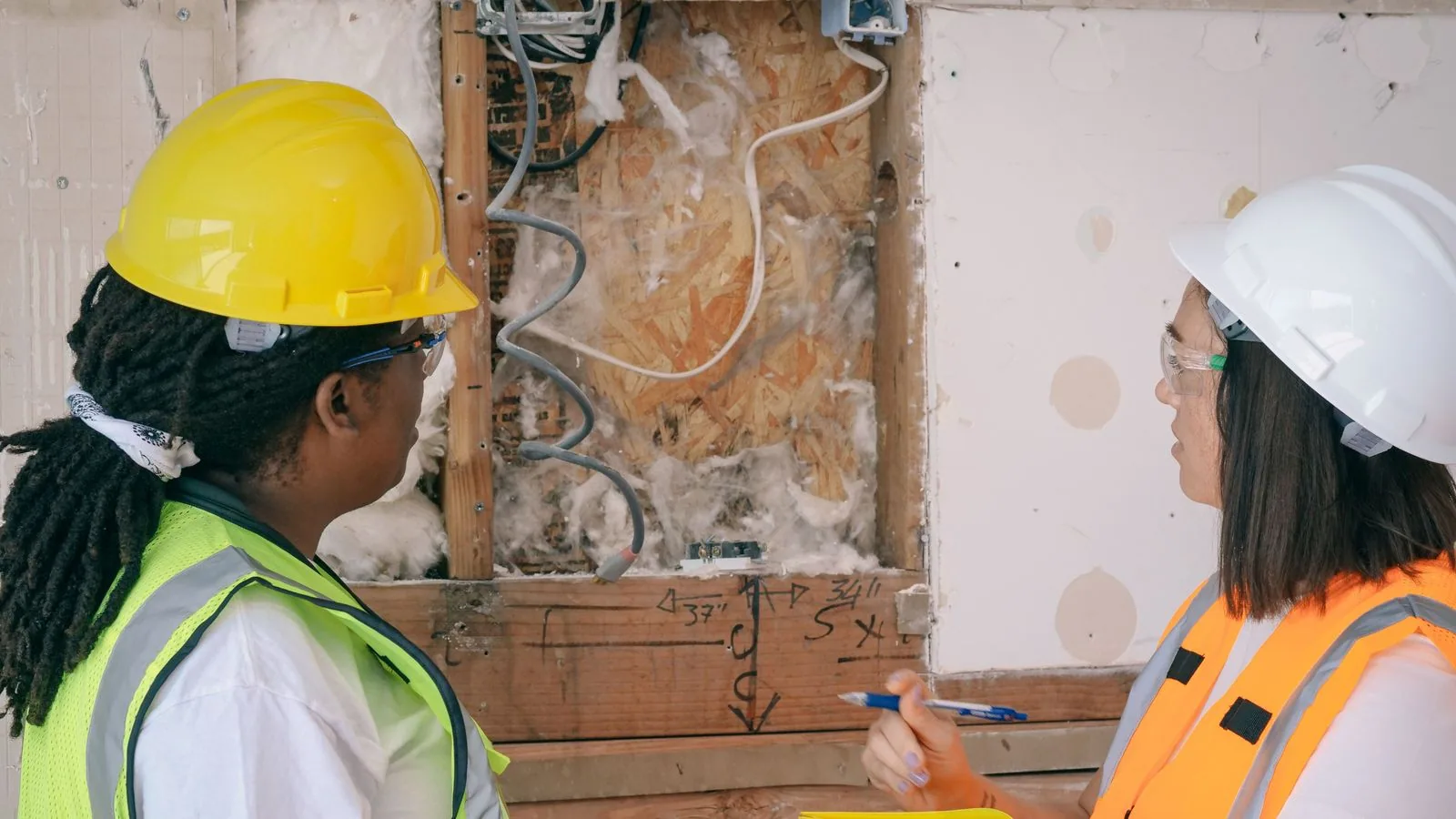 Two engineers discussing plans inside a building under construction