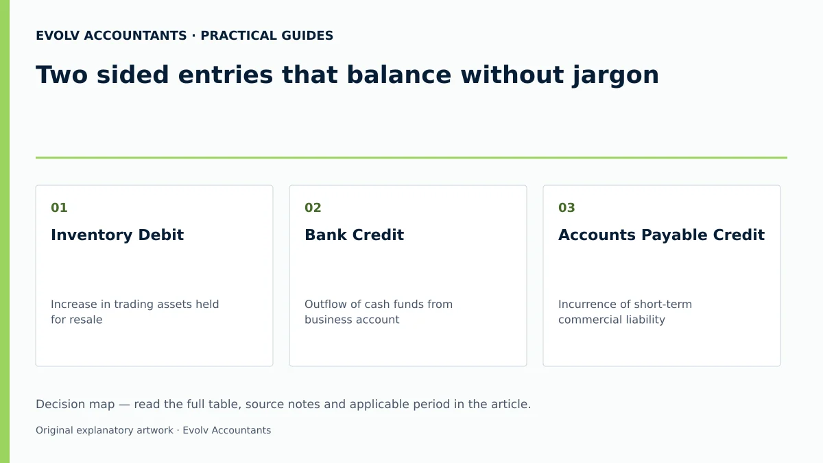 Two sided entries that balance without jargon: Inventory Debit; Bank Credit; Accounts Payable Credit.