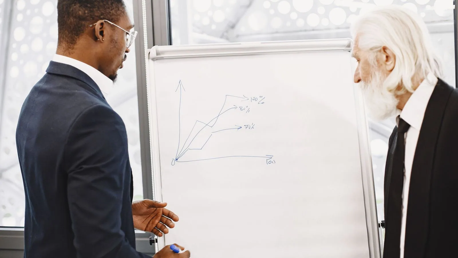 Two businesspeople discussing a graph on a whiteboard