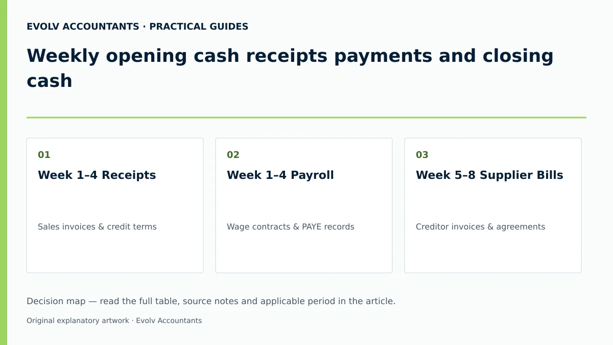 Weekly opening cash receipts payments and closing cash: Week 1–4 Receipts; Week 1–4 Payroll; Week 5–8 Supplier Bills.