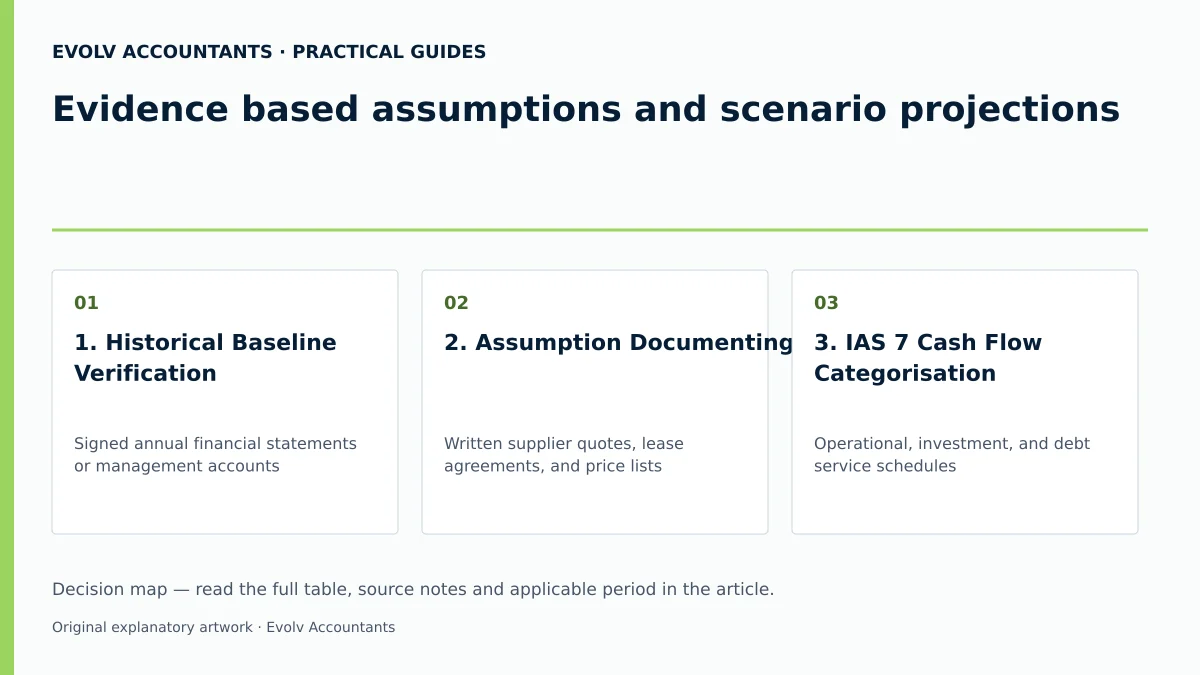 Evidence based assumptions and scenario projections: 1. Historical Baseline Verification; 2. Assumption Documenting; 3. IAS 7 Cash Flow Categorisation.