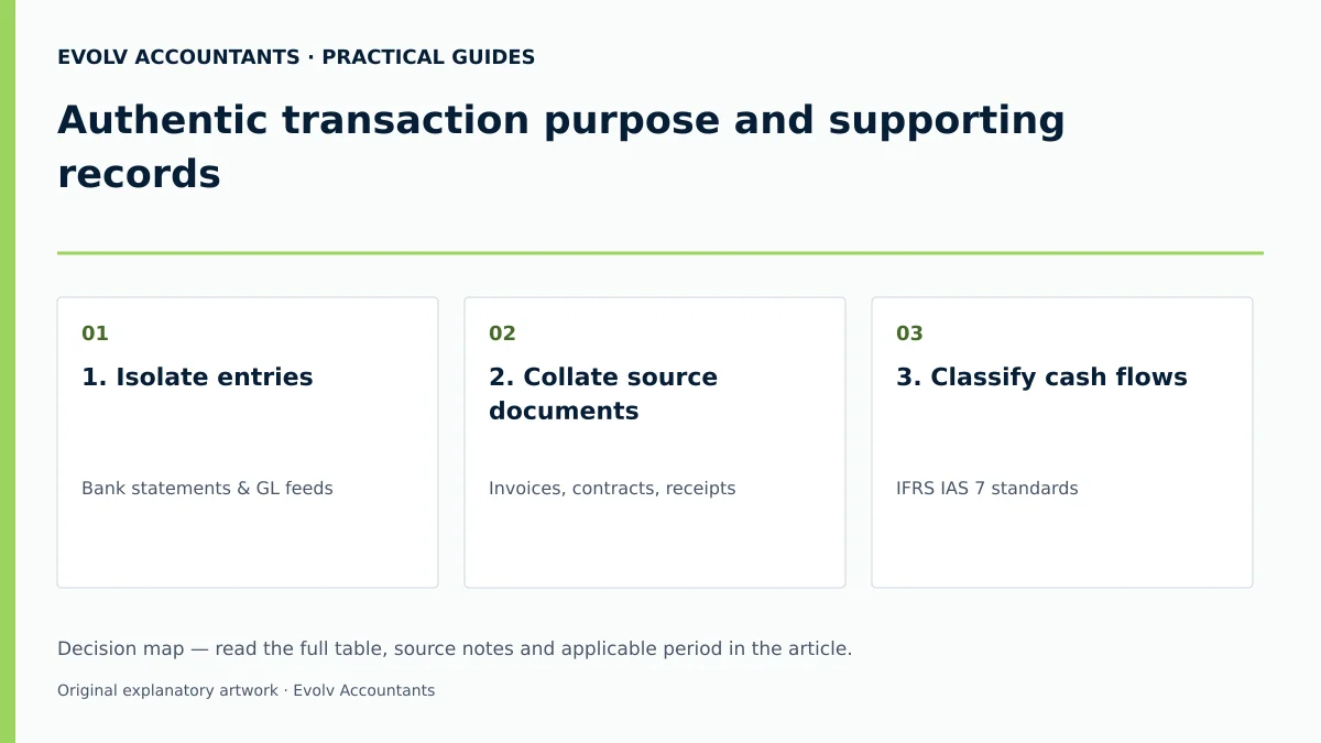 Authentic transaction purpose and supporting records: 1. Isolate entries; 2. Collate source documents; 3. Classify cash flows.