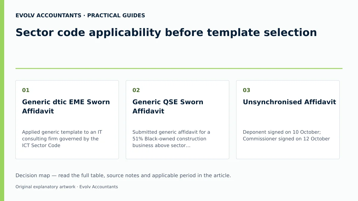 Sector code applicability before template selection: Generic dtic EME Sworn Affidavit; Generic QSE Sworn Affidavit; Unsynchronised Affidavit.